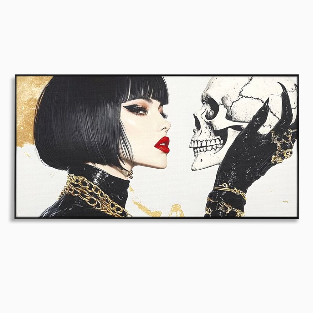 Tablou canvas cu ilustratie digitala cu femeie si craniu, in rama de aluminiu negru